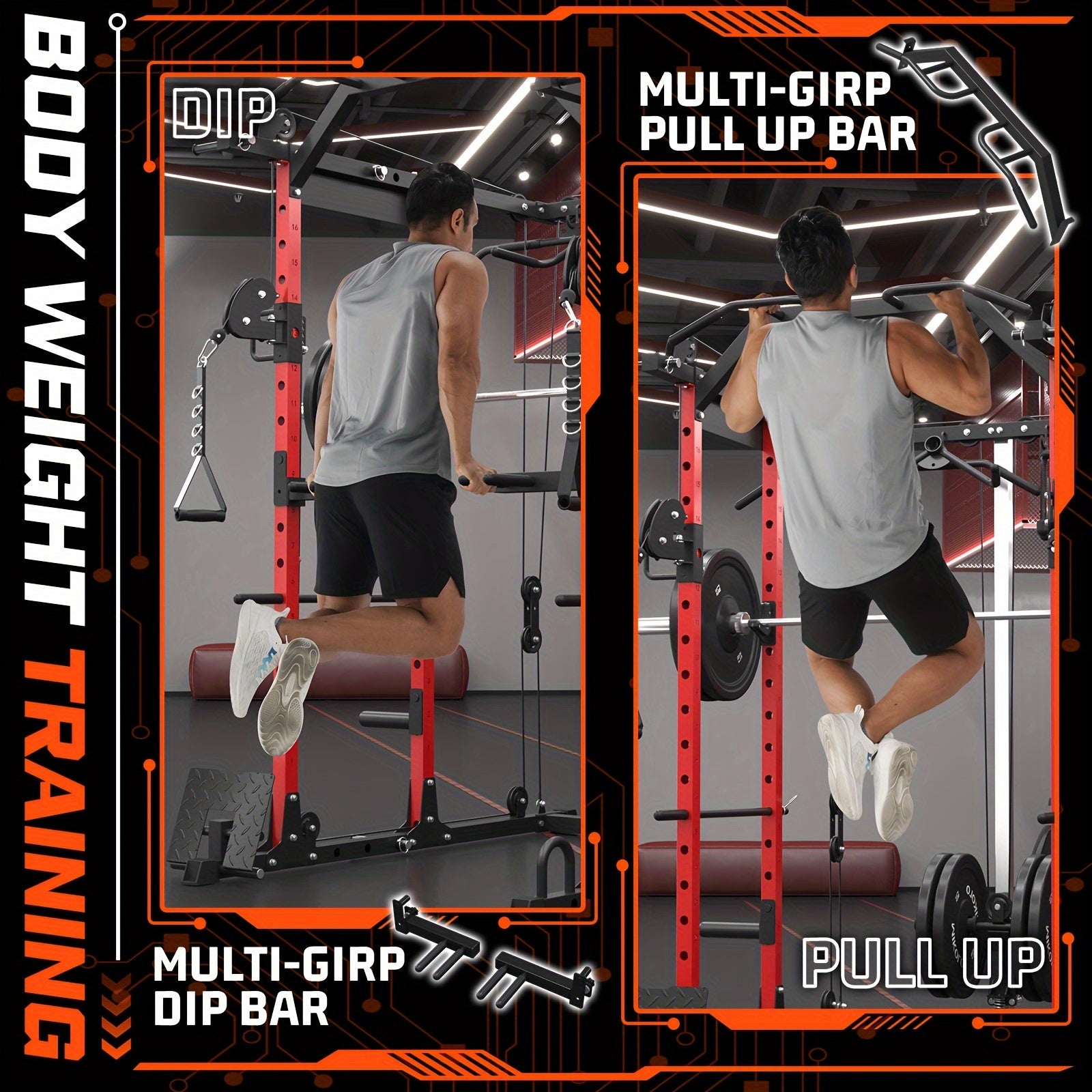 1 8-in-1 Power Rack Cage | 1500lb Capacity & Cable Crossover Machine - Physical Therapy Approved Squat Rack with J-Hooks, Dip Bars, Landmine - Adaptive Strength Training System for Home Gyms (Red)