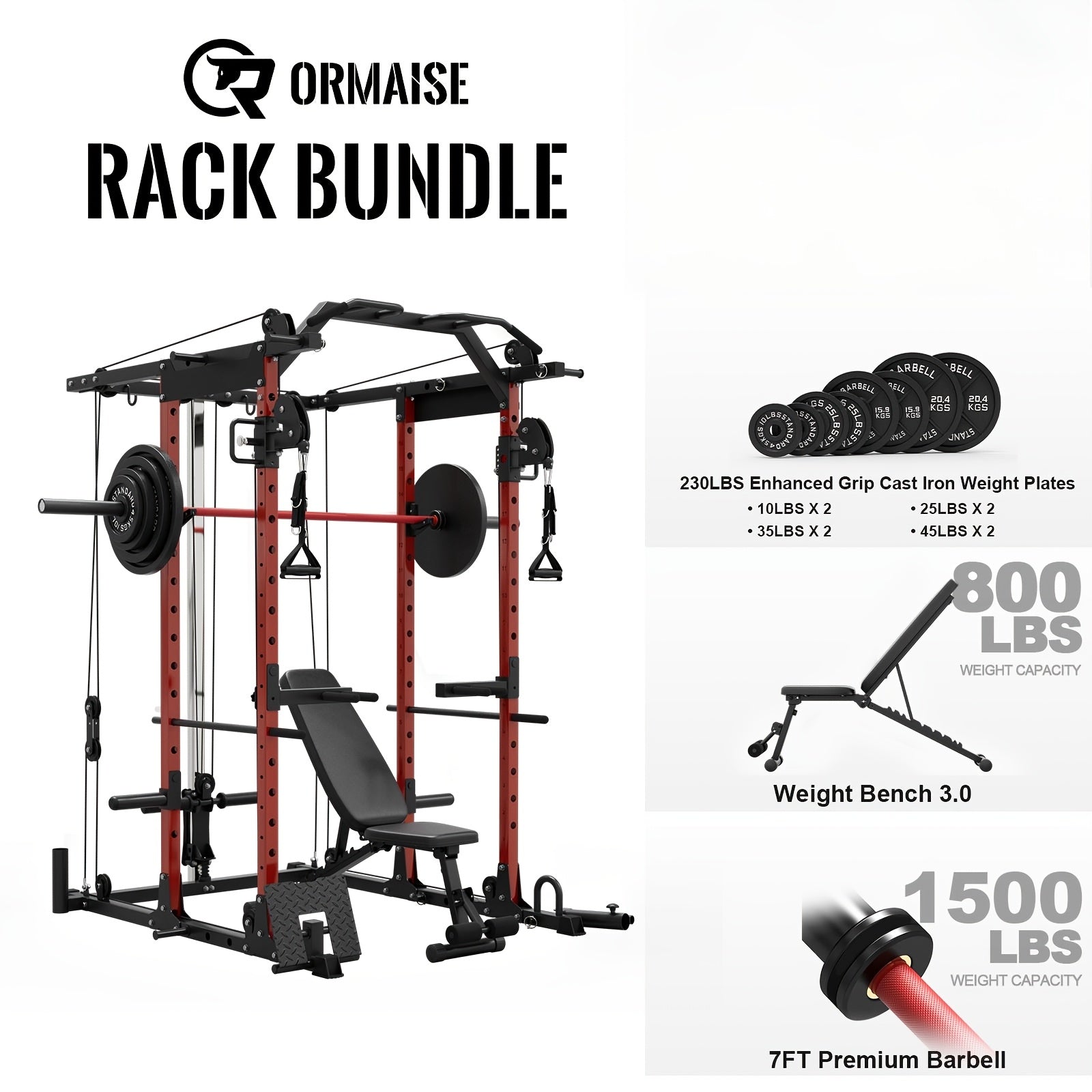 1 8-in-1 Power Rack Cage | 1500lb Capacity & Cable Crossover Machine - Physical Therapy Approved Squat Rack with J-Hooks, Dip Bars, Landmine - Adaptive Strength Training System for Home Gyms (Red)
