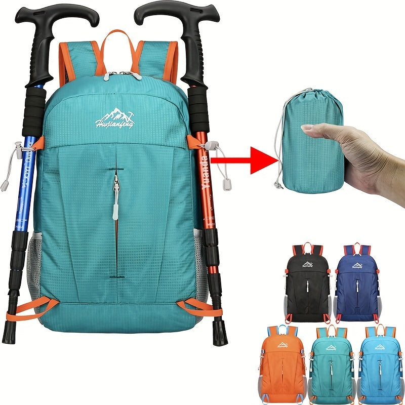 Ultra-Light Foldable Outdoor Backpack - Waterproof, Durable Nylon with Breathable Straps, Large Capacity for Hiking, Cycling, Travel & Commuting, Teal Color with Orange Accents, Adjustable Shoulder Straps, Quick Packing & Unf
