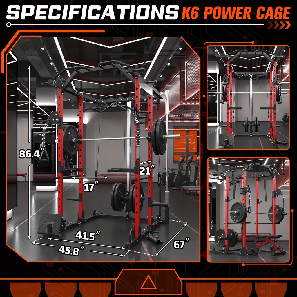 1 8-in-1 Power Rack Cage | 1500lb Capacity & Cable Crossover Machine - Physical Therapy Approved Squat Rack with J-Hooks, Dip Bars, Landmine - Adaptive Strength Training System for Home Gyms (Red)