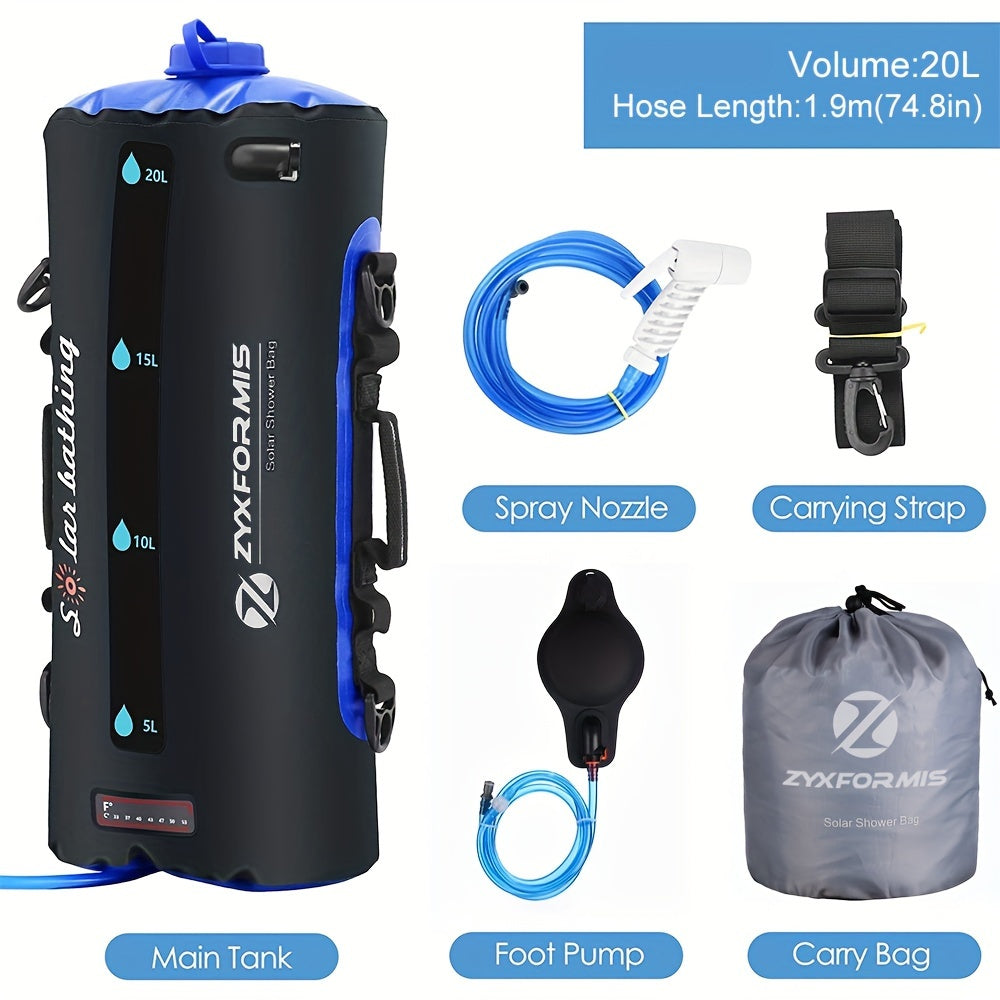 12/20L TPU Portable Camping Shower Bag-Easy Fill with Foot Pump & Effortless Press Nozzle-Perfect for Outdoor Adventures, Hiking, Beach & Trips
