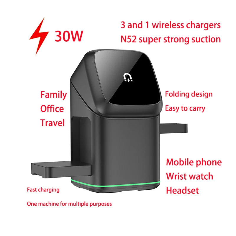 Auto-Rotate 3-in-1 Wireless Charger 30W Portable Wireless Charger for iPhone Android Phone Watch Earbuds