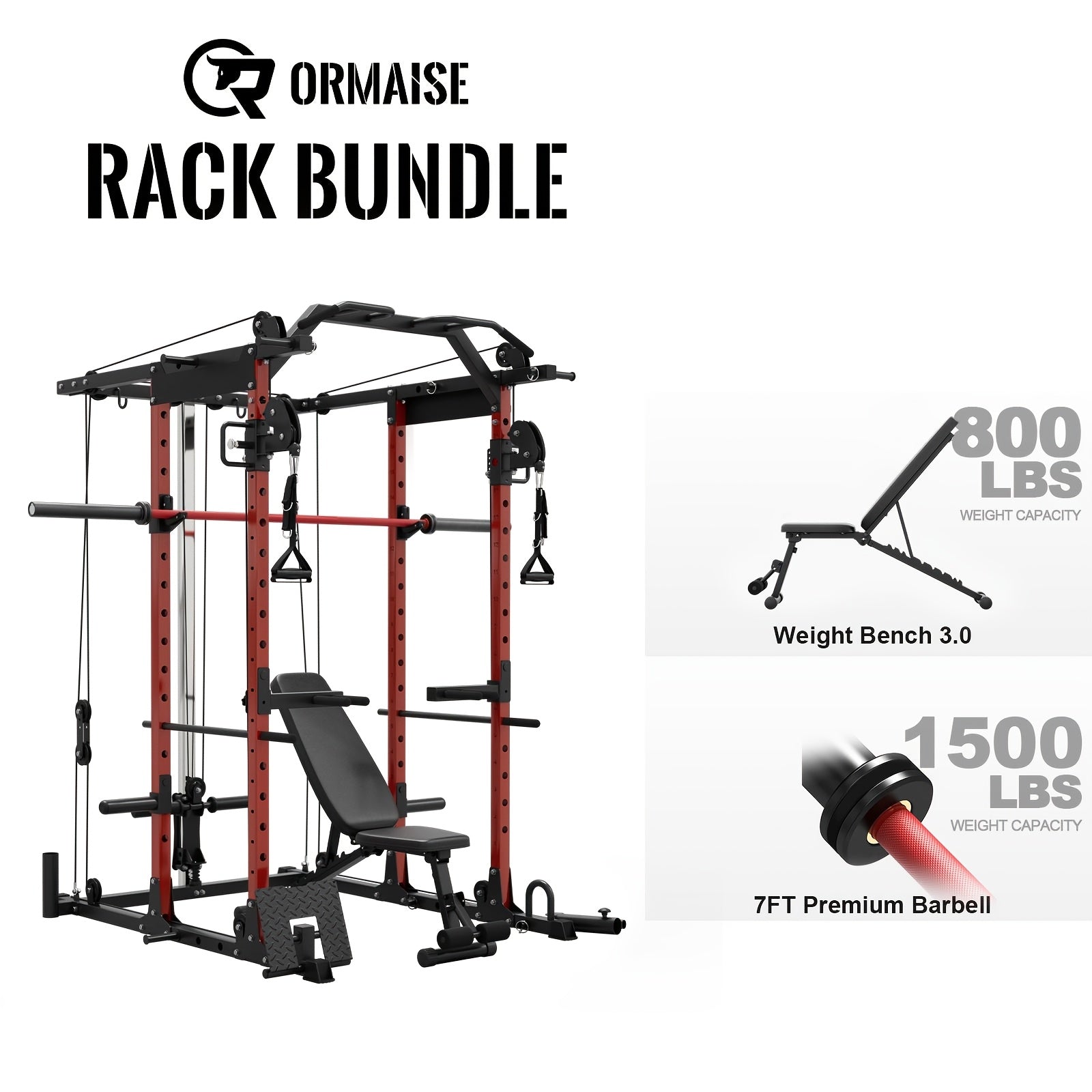 1 8-in-1 Power Rack Cage | 1500lb Capacity & Cable Crossover Machine - Physical Therapy Approved Squat Rack with J-Hooks, Dip Bars, Landmine - Adaptive Strength Training System for Home Gyms (Red)