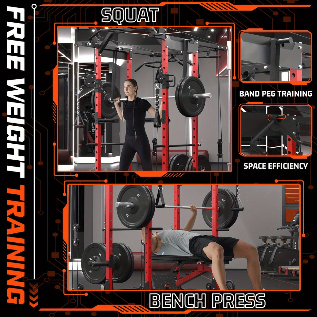 1 8-in-1 Power Rack Cage | 1500lb Capacity & Cable Crossover Machine - Physical Therapy Approved Squat Rack with J-Hooks, Dip Bars, Landmine - Adaptive Strength Training System for Home Gyms (Red)