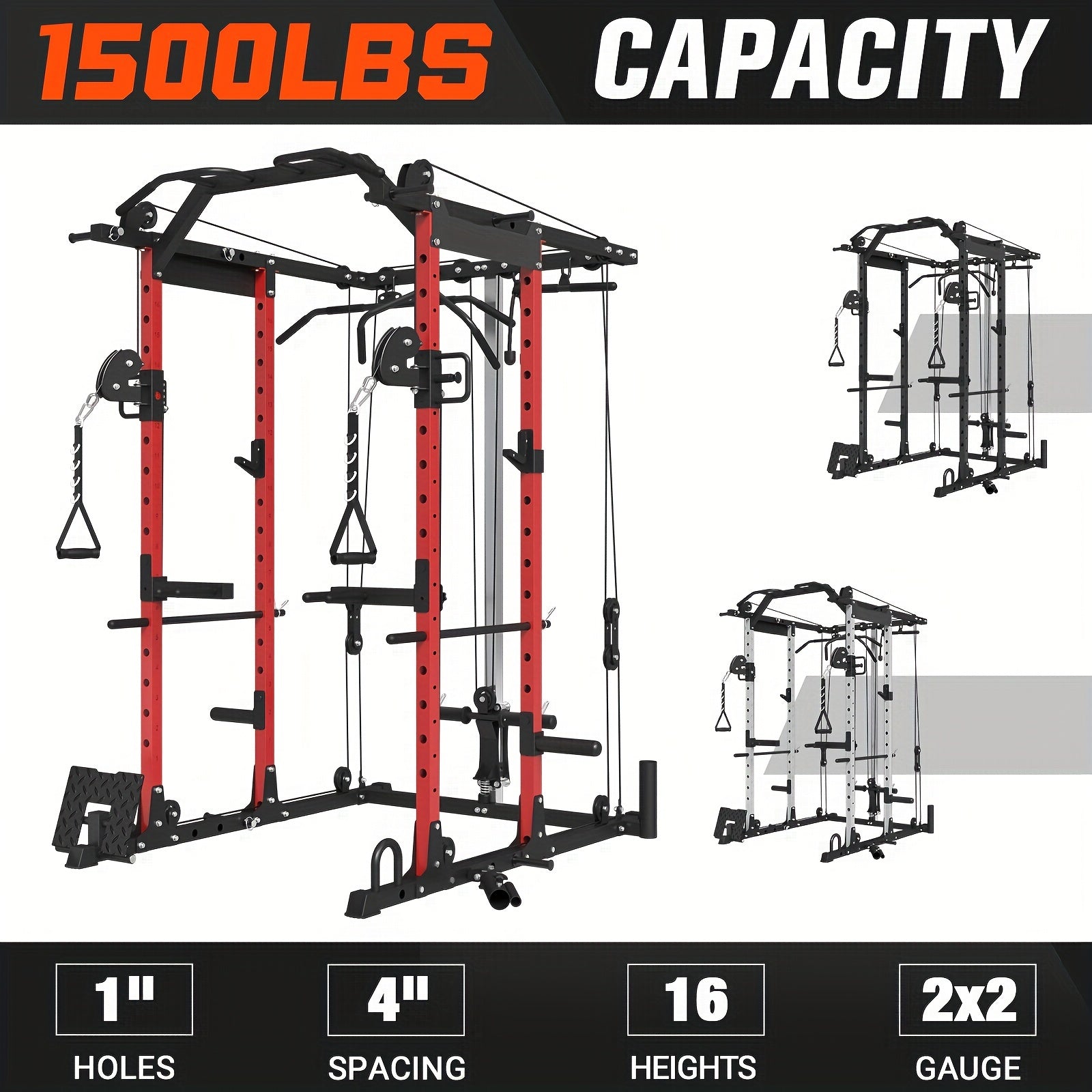 1 8-in-1 Power Rack Cage | 1500lb Capacity & Cable Crossover Machine - Physical Therapy Approved Squat Rack with J-Hooks, Dip Bars, Landmine - Adaptive Strength Training System for Home Gyms (Red)