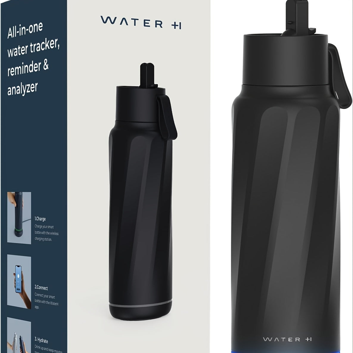 Vita Insulated Smart Water Bottle, Intake Tracker, Water Safety Analyzer, LED Reminder, BPA Free, 18 oz Double Wall Vacuum Stainless Steel Thermos (Flip Lid + Straw)