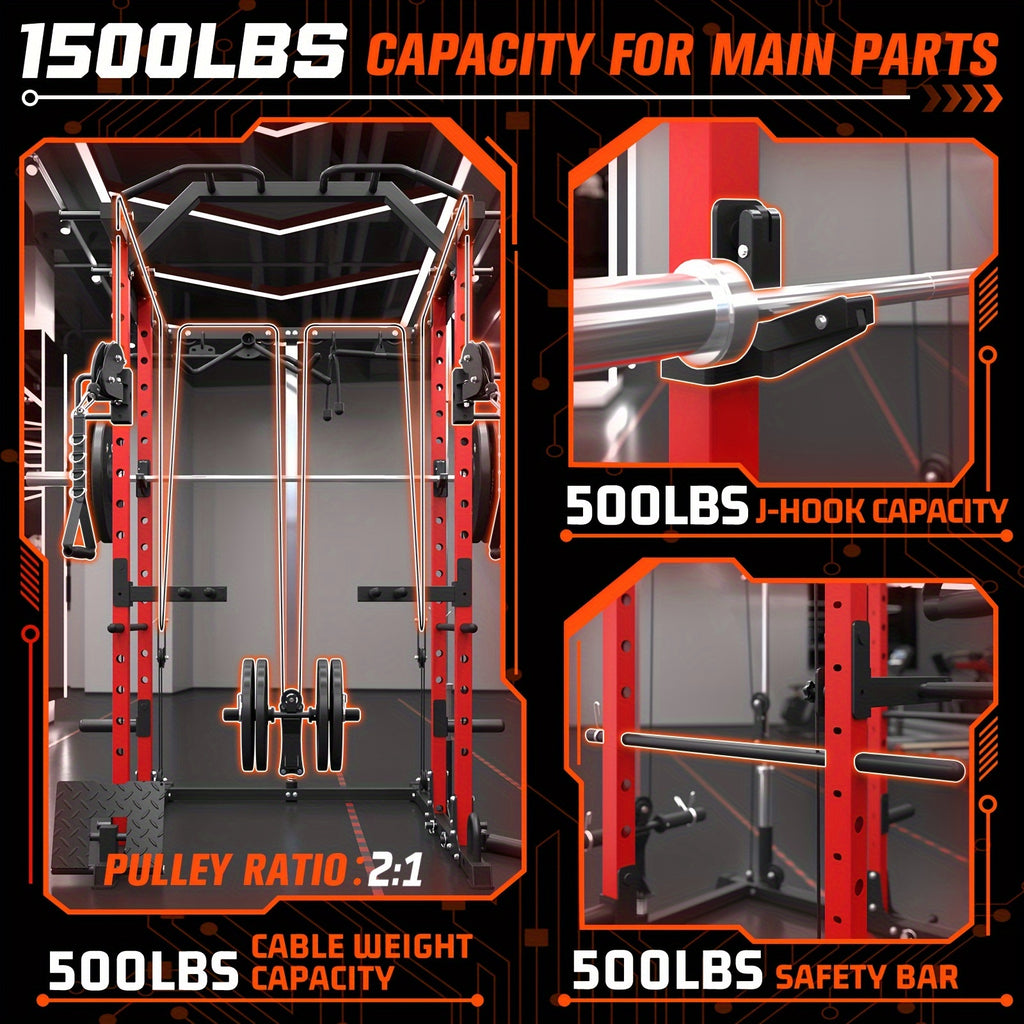 1 8-in-1 Power Rack Cage | 1500lb Capacity & Cable Crossover Machine - Physical Therapy Approved Squat Rack with J-Hooks, Dip Bars, Landmine - Adaptive Strength Training System for Home Gyms (Red)