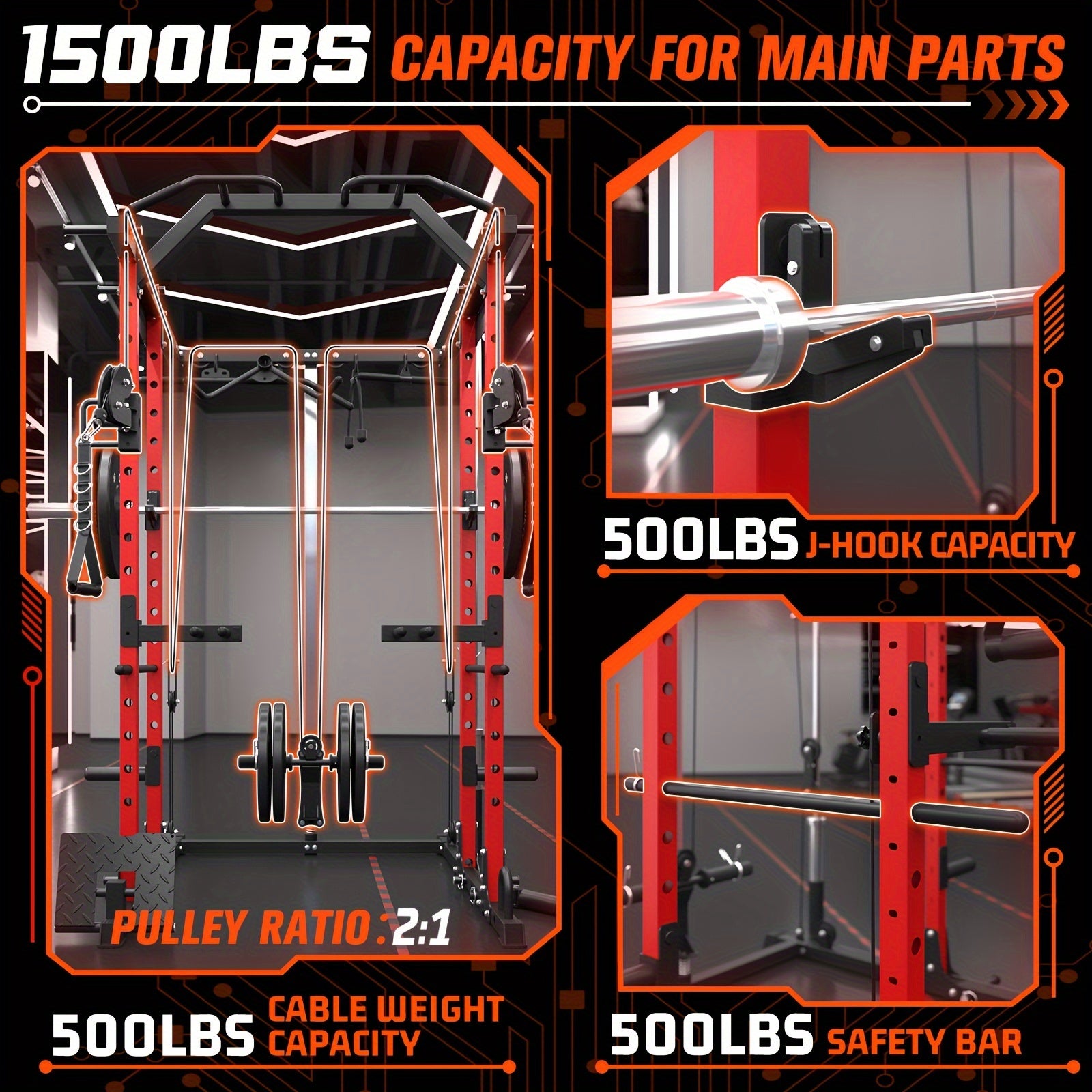 1 8-in-1 Power Rack Cage | 1500lb Capacity & Cable Crossover Machine - Physical Therapy Approved Squat Rack with J-Hooks, Dip Bars, Landmine - Adaptive Strength Training System for Home Gyms (Red)