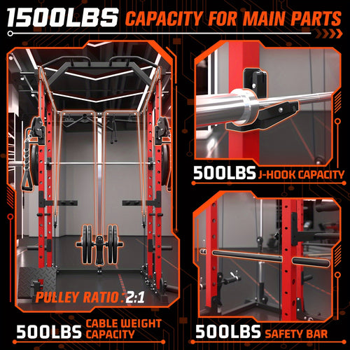 1 8-in-1 Power Rack Cage | 1500lb Capacity & Cable Crossover Machine - Physical Therapy Approved Squat Rack with J-Hooks, Dip Bars, Landmine - Adaptive Strength Training System for Home Gyms (Red)