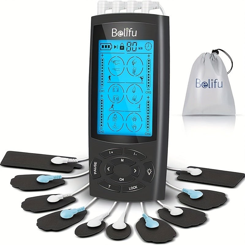 Four - Channel Low - Frequency Physical Therapy Device - Rechargeable Lithium Battery Powered with USB Dual Use - Metal and Plastic Construction with Button Magnification - Belifu FM - B2402 Black - Better World Today